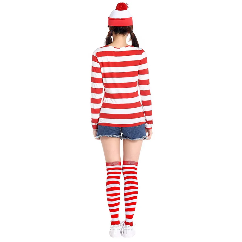 Where's Wally Красная белая шляпа топ рубашки с длинными рукавами очки женская одежда Вечерние зимние костюмы для косплея подарок