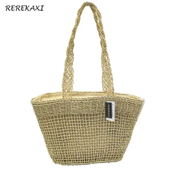 

REREKAXI New Fashion Women's Shoulder Bag Hand Knitting Straw Beach Bag Ladies Handbag Hollow Net bag Large Capacity Tote