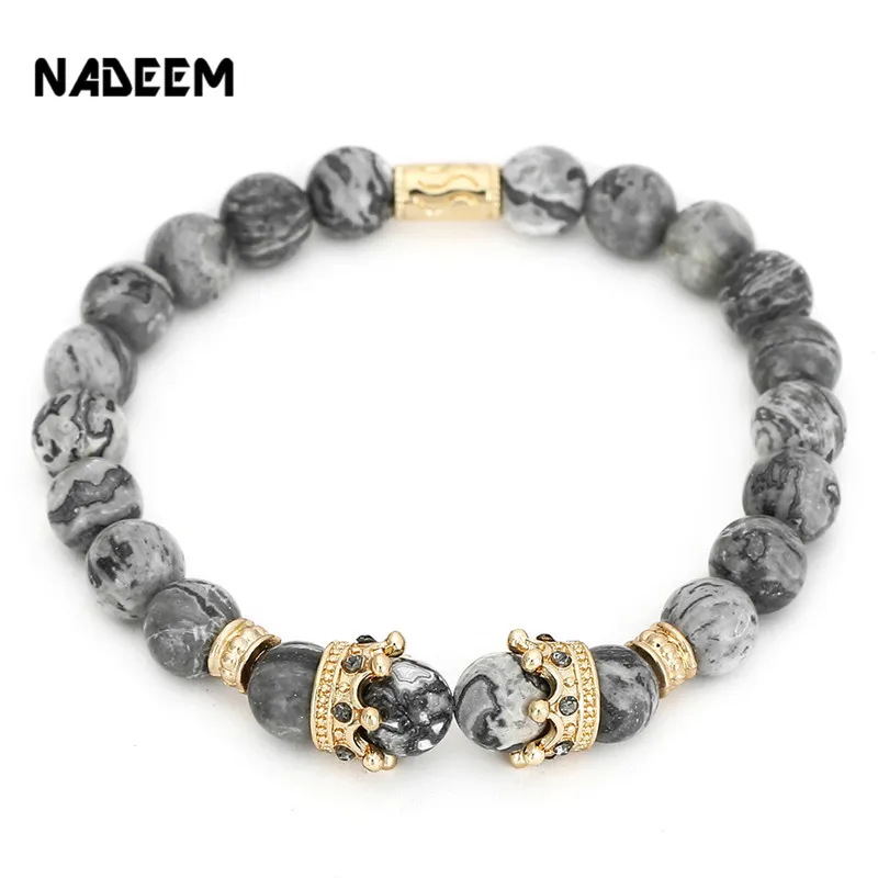 

Vintage Bead Crown Charm Bracelet Pulseiras Masculinas Natural Map Stone Elastic Bracelet Women pulseras Mens Bracelets RB2824