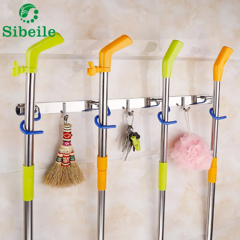 SBLE Kitchen Bathroom Organizer Rack Stainless Steel Broom Shelf Mop rack With Hooks Wall Mounted Mop Rack Broom Holder