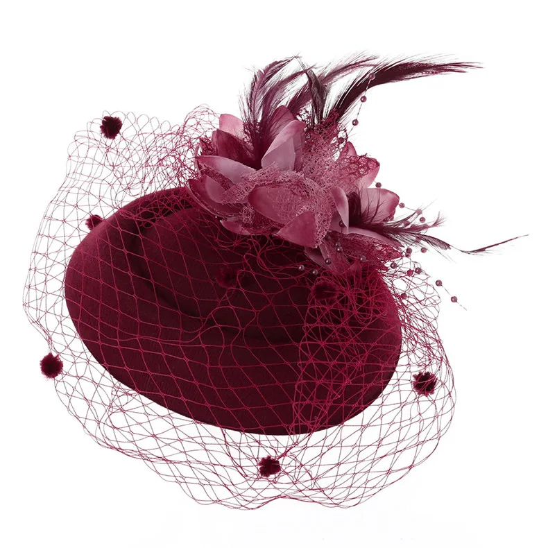 Вуалетки заколка для волос повязка на голову Pillbox шляпа котелок перо вуаль Свадебная вечеринка Новинка - Цвет: Wine Red