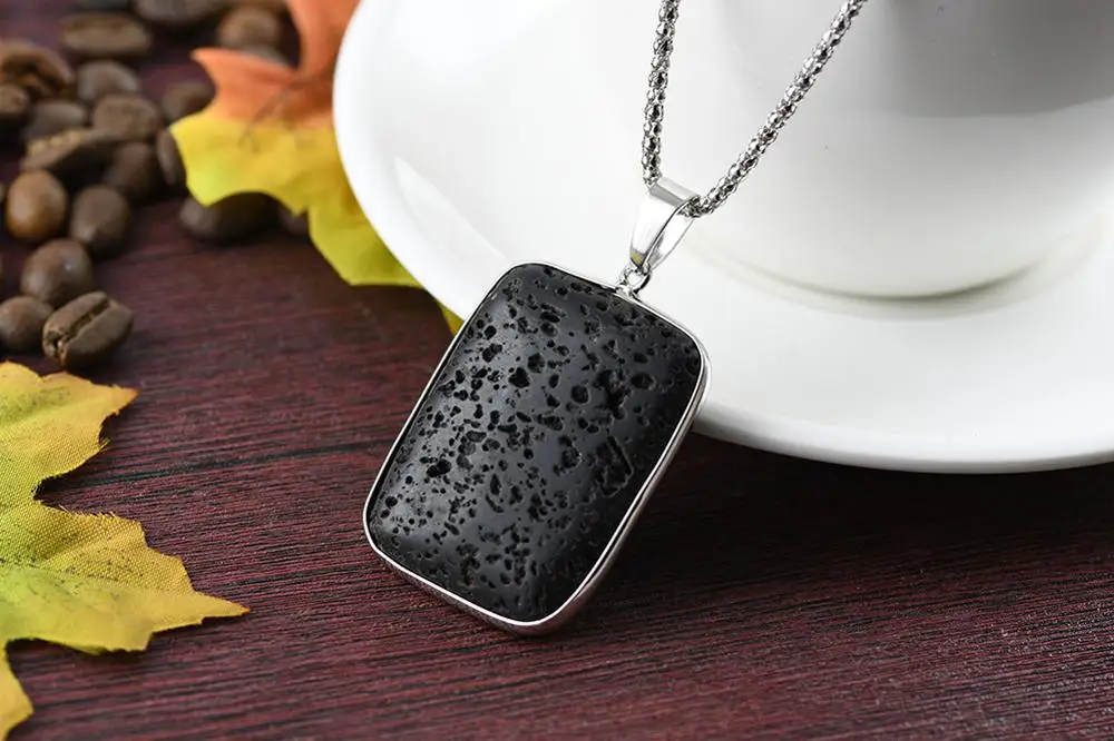 

N117 Black Lava Rock Volcanic Stone Round Green Olive Stone Necklace Pendant Jewelry Lead-tin Alloy Vintage Look Popcorn Chain