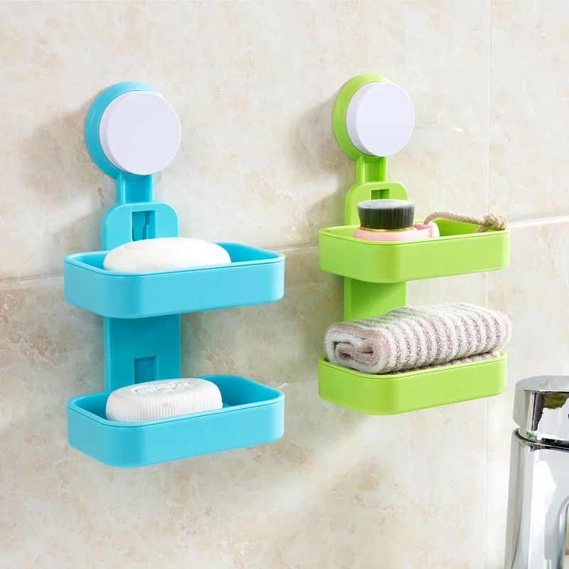 

Powerful suction cup soap box double wall hanging soap rack Creative bathroom sponge drain soap box lo8241109