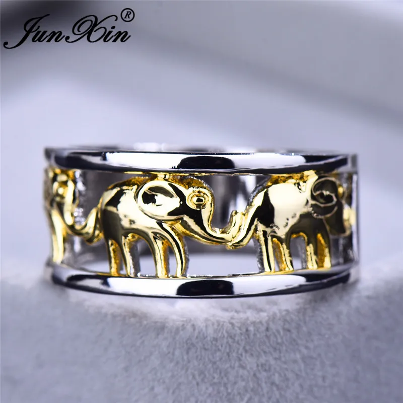 JUNXIN Gold Elephant Rings For Women Men 925 Silver Filled Big Ring Female Male Engagement Bands Couples Ring Boho Jewelry Gifts