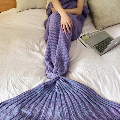 4 размера ручной работы трикотажное одеяло с хвостом русалки Для Взрослых Вязание крючком одеяло русалки для детей Детское покрывало кровать обертывание спальный мешок - Цвет: Лиловый