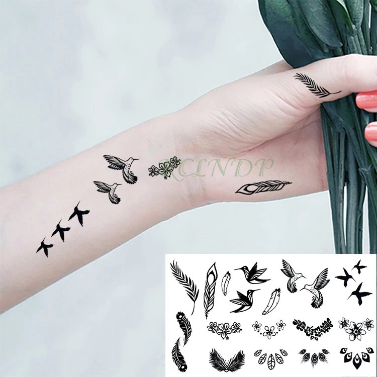 Водонепроницаемые временные татуировки наклейки птица цветок лист перо временная татуировка флэш тату боди-арт Ручная Задняя Нога для