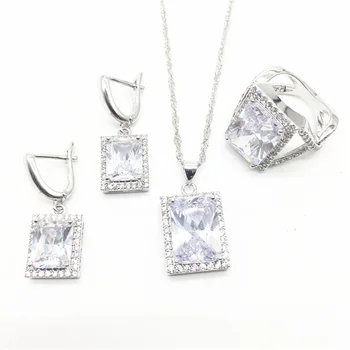 

925 Logo Silver Color Square white Crystal White Zircon Jewelry Sets drop Earrings Pendant Necklace Ring For Women&Lady