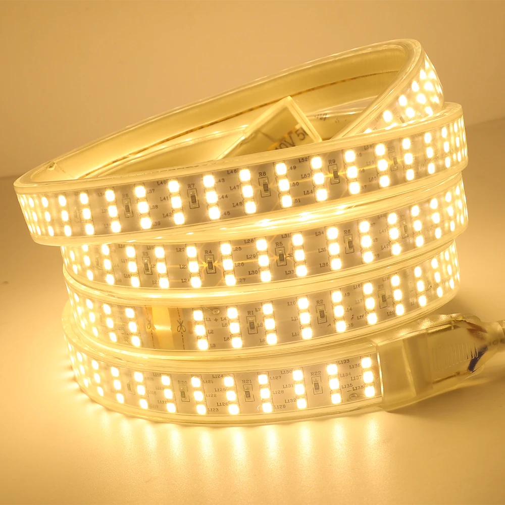 220V 276Leds/m SMD 2835 LED Strip Three Row Waterproof White Warm White Flexible Led Strip Light With Switch For Home Decoration