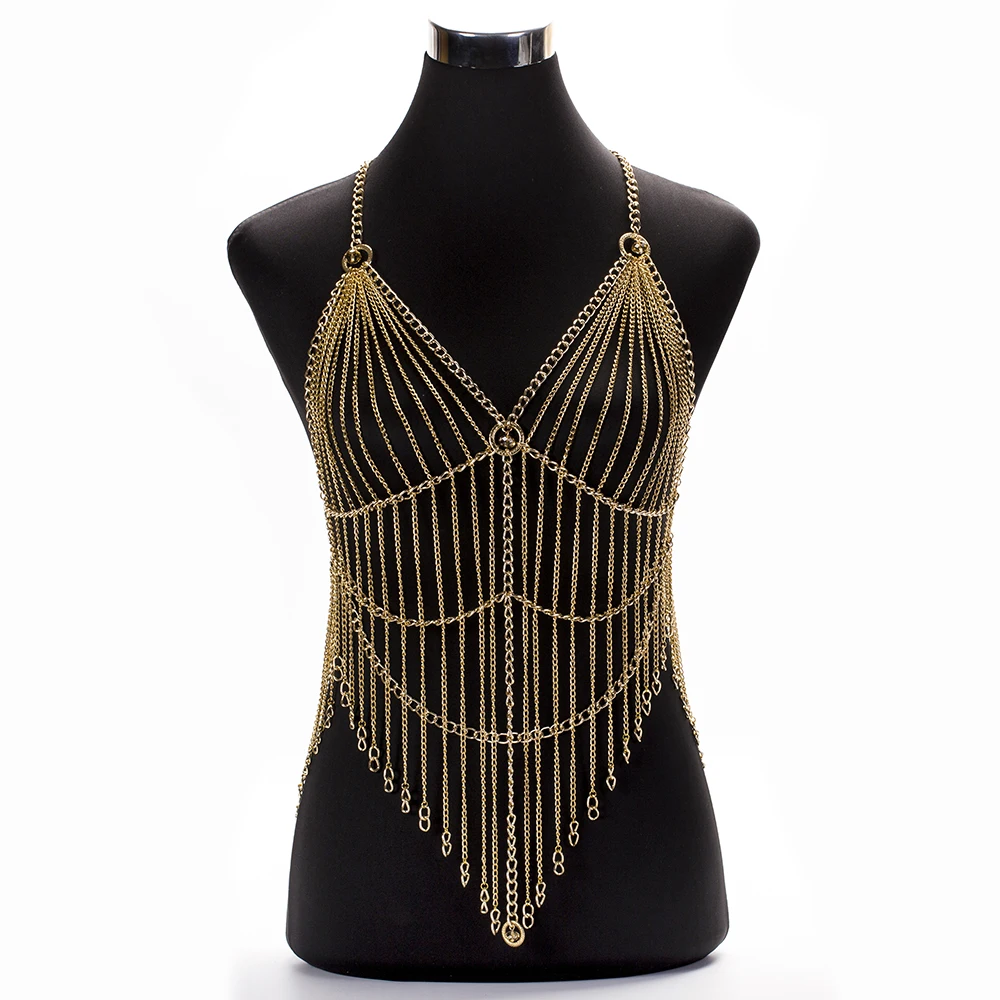 

Multilayered Fashion Sexy Body Chain Belly Gold Tone Beach Chain Bra Wear Slave Harness Necklace Tassel Waist Jewelry For Women