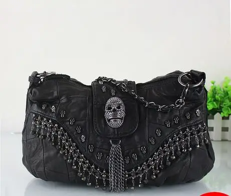 ФОТО 2014 new trend skull genuine leather black messenger bag sheepskin patchwork rivet bag  women's suede bags free shipping