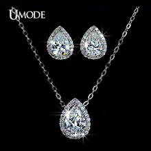UMODE Rhodium plated Jewelry Sets Paved AAA CZ Water Drop Pendant Necklace & Stud Earrings For Women Bijoux AUS0008