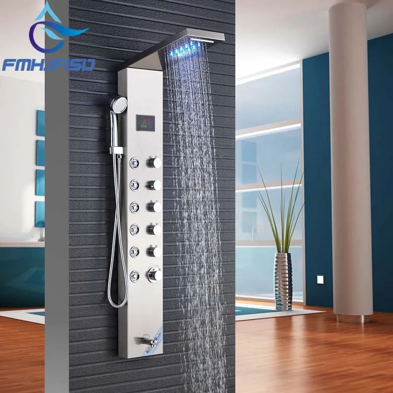 

Promotion High Quality Brushed Nickel Shower Faucet with Rainfall Waterfall LED Light Shower Panels & Columns