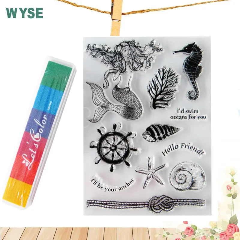 

Sea Clear rubber Stamp with gradient colorful inkpad Mermaid silicone stamps anchor Seal for Scrapbooking DIY Decorative tools