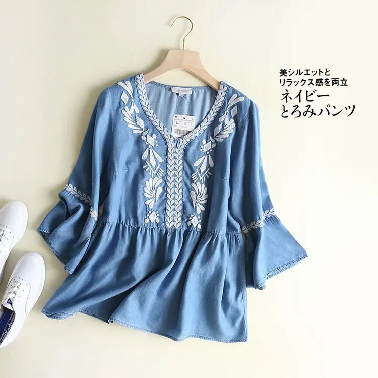 

women Denim shirts summer Cotton Tencel soft blouse lady top Bohemian Flare Sleeve Embroidery V-Neck Blusa Feminina female tops