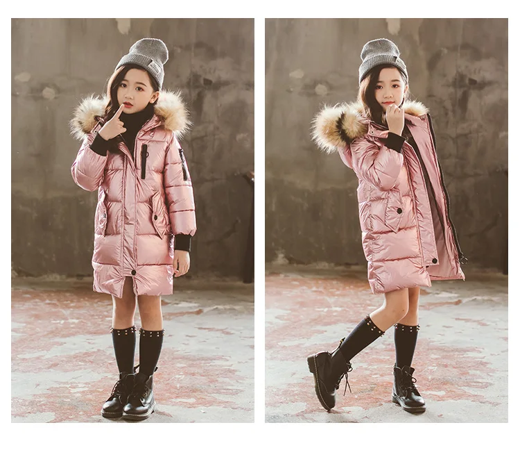 Girls Winter Clothes Kids Coats Warm Fur Collar Hooded long down Coats Girls Hot stamping Space suit Jackets