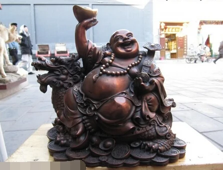 

xd 002679 China red bronze On Yuanbao laughter Maitreya Buddha Sitting Dragon Statue