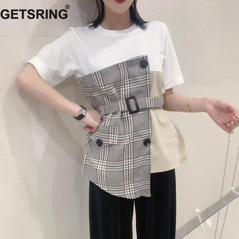 

GETSRING Women T Shirt Plaid Spliced Short Sleeve Top Women Asymmetrical Top White Tee Shirt Women Tee Tops Summer T-shirts 2019