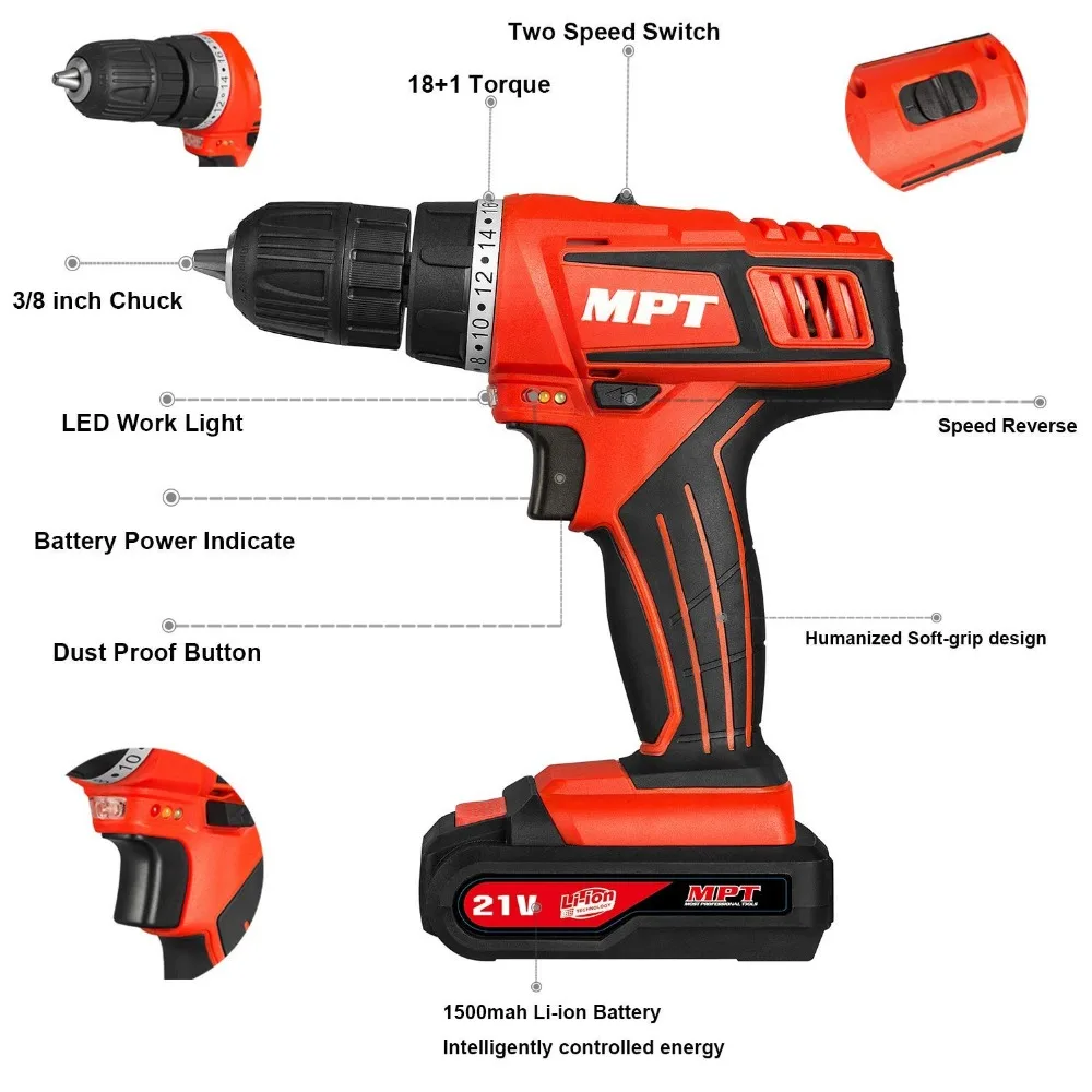 MPT 21 В Макс. 3/8 дюйма компактный аккумуляторный Электрический дрель-шуруповерт с двумя литий-ионными батареями 1,5 Ач