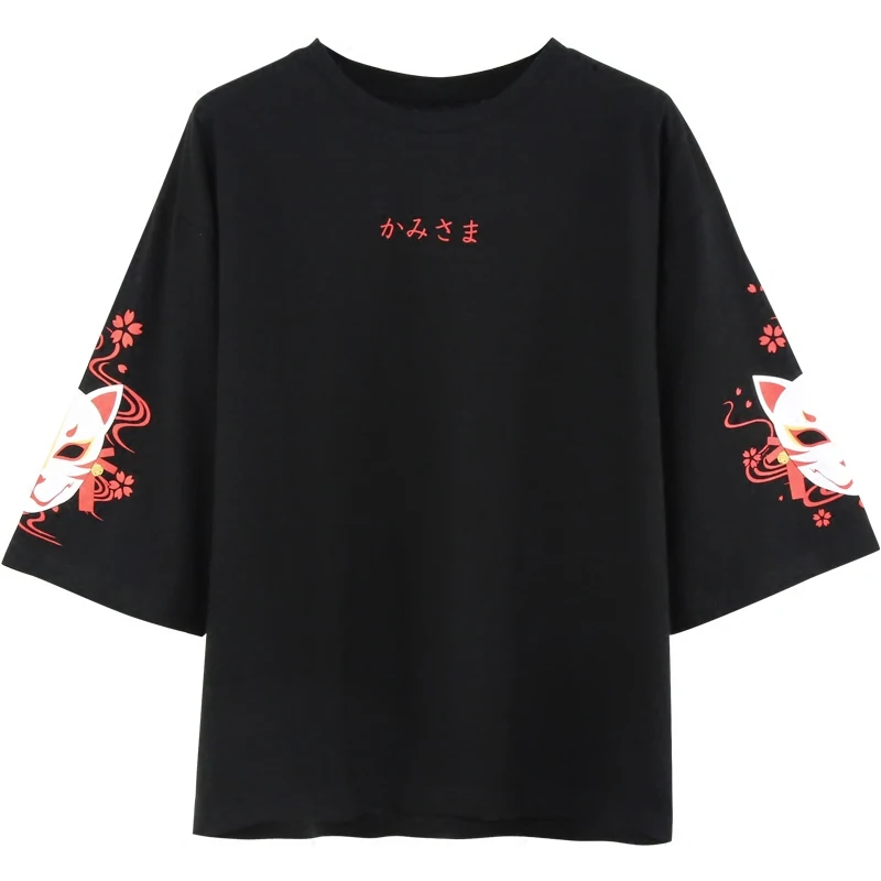 Японский Harajuku футболка для женщин Винтаж Kawaii аниме кошка девушки черные топы Лолита готический животный принт негабаритных милые футболки - Цвет: Black T shirt