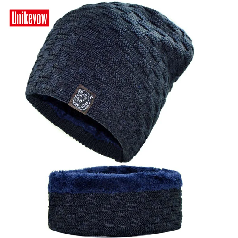 UNIKEVOW(Hat&scarf 1set) New Autumn Winter knitted hat scarf set for men and women Cap and neckerchief sets with weaving logo