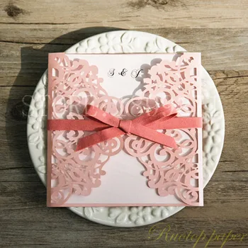 

50pcs pearl Pink color Wedding Invitation Card Laser Cutting Wedding Invitation Flowers Hollow Wedding Greeting Cards Freeshipp