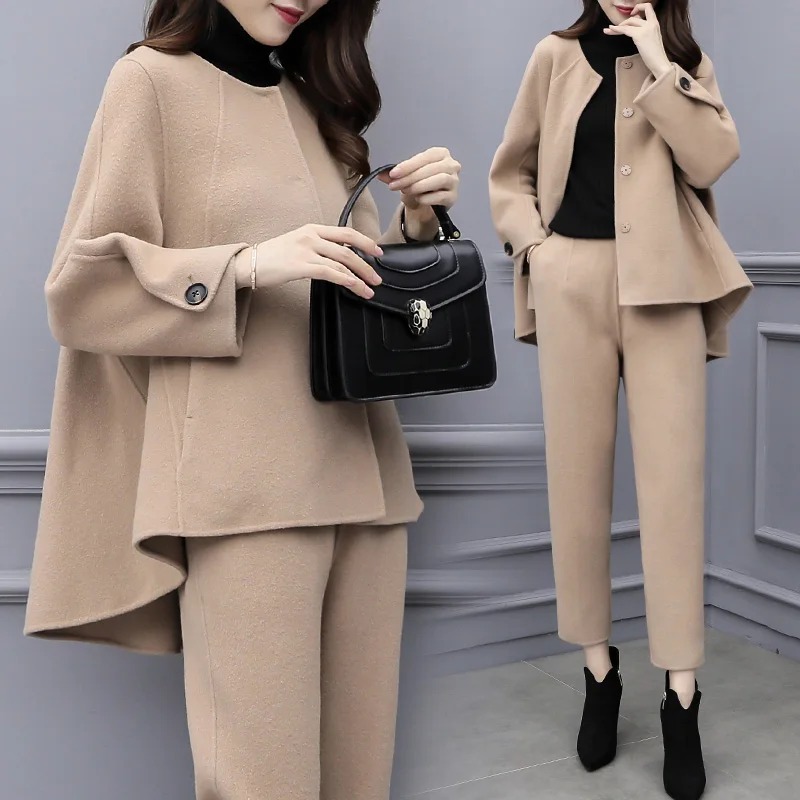 Camel Woolen Two Piece Set Women Winter Long Sleeve Tops And Pants Trousers Sets Suits Office 2 Piece Set Women's Sets Black