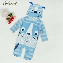 2017 fashionbaby новорожденного для маленьких мальчиков Обувь для девочек синий с милым принтом Комбинезон Набор одежды + шапка окт