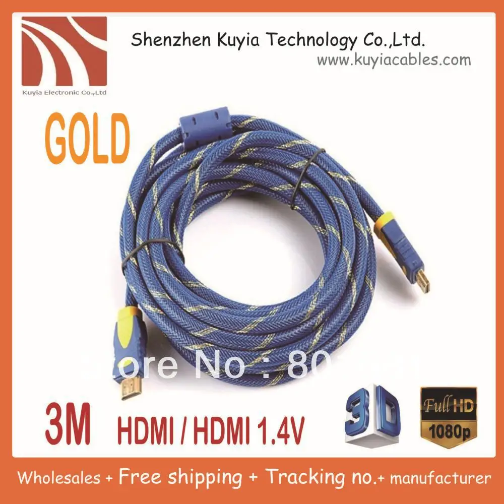 

KUYiA Free shipping+High quality 3M 10ft 1.4V hdmi cable with nylon mesh&dual ferrite cores supports hdmi ethernet,3D&blue ray
