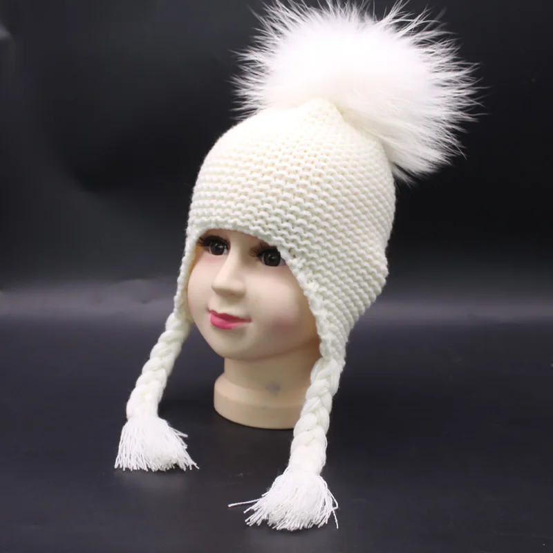 Новая Детская шерстяная вязаная шапка с ушками, детская зимняя шапка, окрашенная настоящая меховая шапка с вязаным помпоном, шапка для детей