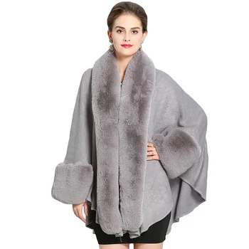 

2019 Womens Fur Coat High Quality Imitation Fox Fur Collar Fur Coat Female Winter Loose Long Shawl Cape Cloak Cashmere Cardigan