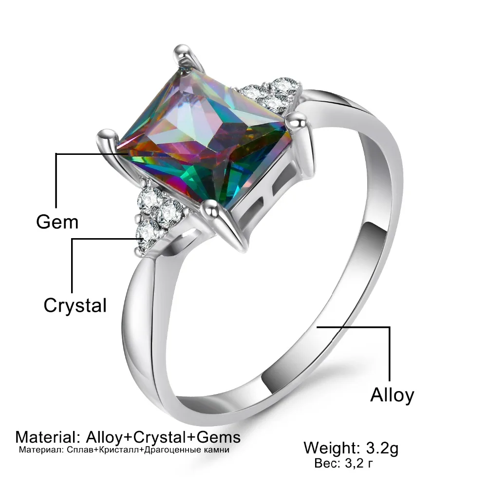 FAMSHIN, модные ювелирные изделия для женщин, цветной камень, квадратный циркон, кольцо, креативная личность, инкрустированные радужные кристаллы циркона, кольцо, 3 цвета