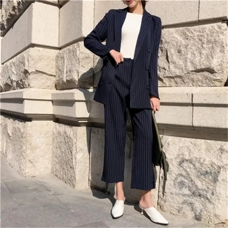 

Fashion Pant Suits Female New British style High quality loose striped suit jacket + nine points casual wide leg pants two sets