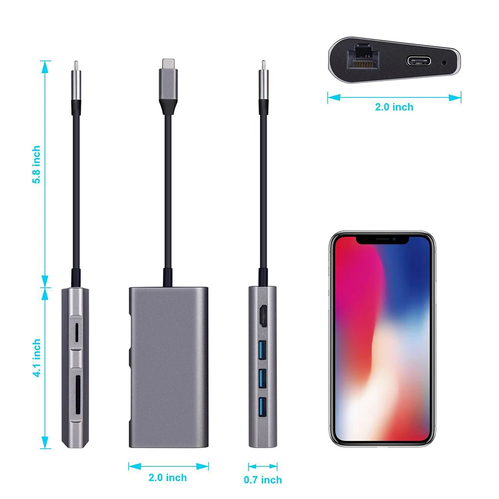 Новое поступление 8 в 1 USB HUB Многофункциональный Тип C концентратора USB-C концентратора Тип-C 4 K видео HD Gigabit RJ45 адаптер SD/TF Card Reader