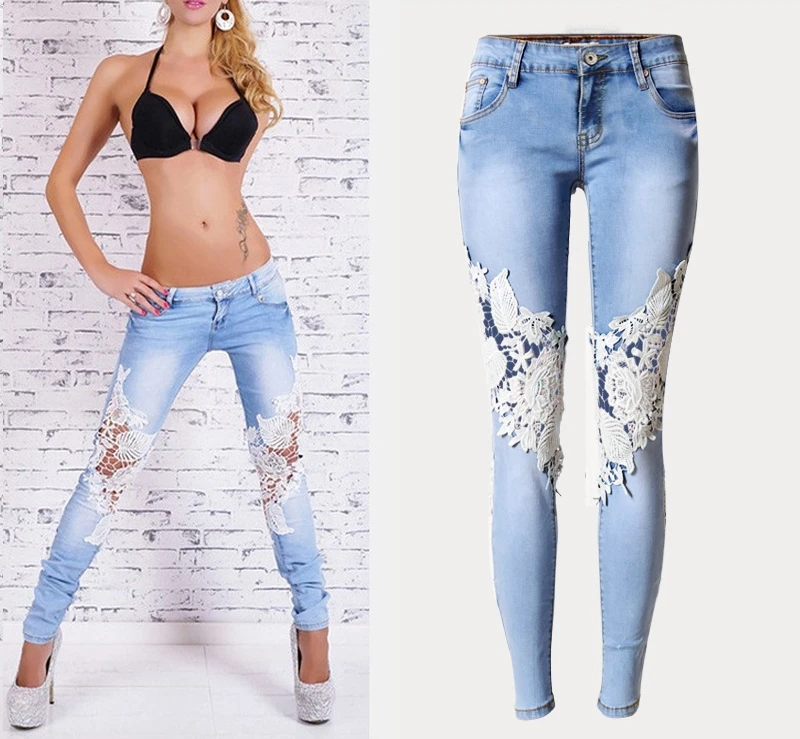 

2018 Summer Russia Casual Women Lace Denim Jeans Sexy Patchwork Low Waist Long Fashion Unique Ladies Pencil Jeans for woman