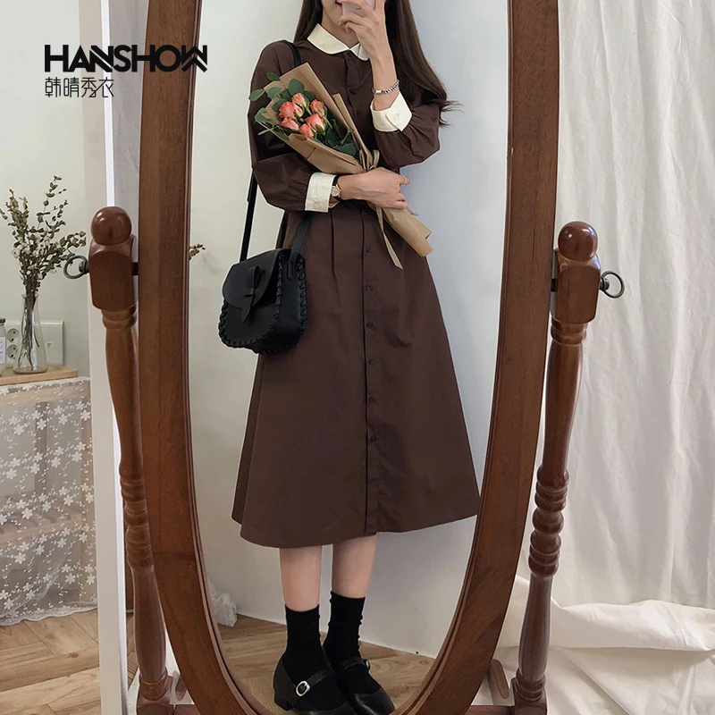 

Peter Pan Collar Solid Button Sweet Kawaii Dress Preppy Style Vintage Cute Autumn Women Long Dress Femme Vestido Donna Abito