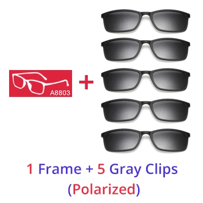 Ralferty Polarized Sunglasses Men Women 5 In 1 Magnetic Clip On Glasses TR90 Optical Prescription Eyeglass Frames Magnet Clips 1 Frame 5 Gray Clips