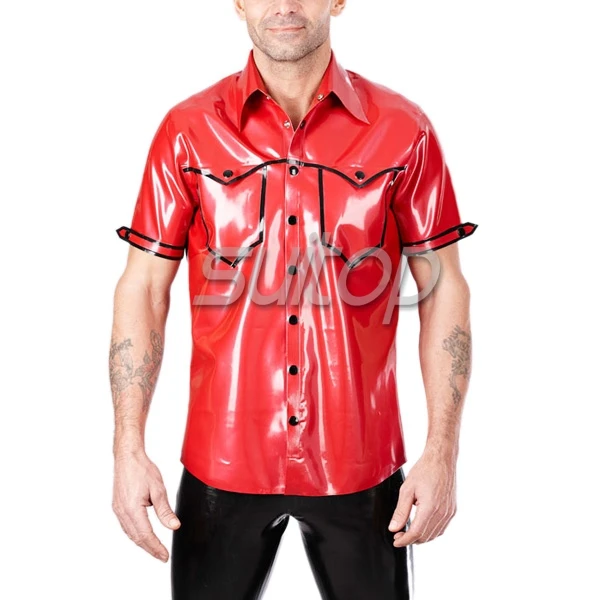 

mens red latex shirt with short sleeve
