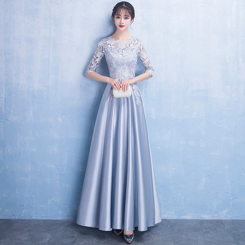 

Noble Gray Female Ankle-Length Evening Dress Novelty O-Neck Improved Qipao Vestidos Elegant Banquet Annual Party Gowns XS-XXL