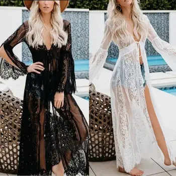 

Womens Slit Long Flare Sleeves Kimono Cardigan Sheer Eyelash Floral Lace Bikini Cover Up Belted High Waist Maxi Long Beach Robe