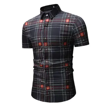 

Hawaiian Shirt Plaid Polyester Casual Short sleeve Mens Clothing Slim fit Mens Dress Shirts Black Red khaki