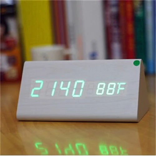 Акустический контроль календарь термометр с сигнализацией деревянные треугольные Часы светодиодный дисплей цифровые часы с секундами xyzTime-6035B-Clock - Цвет: White clock Green