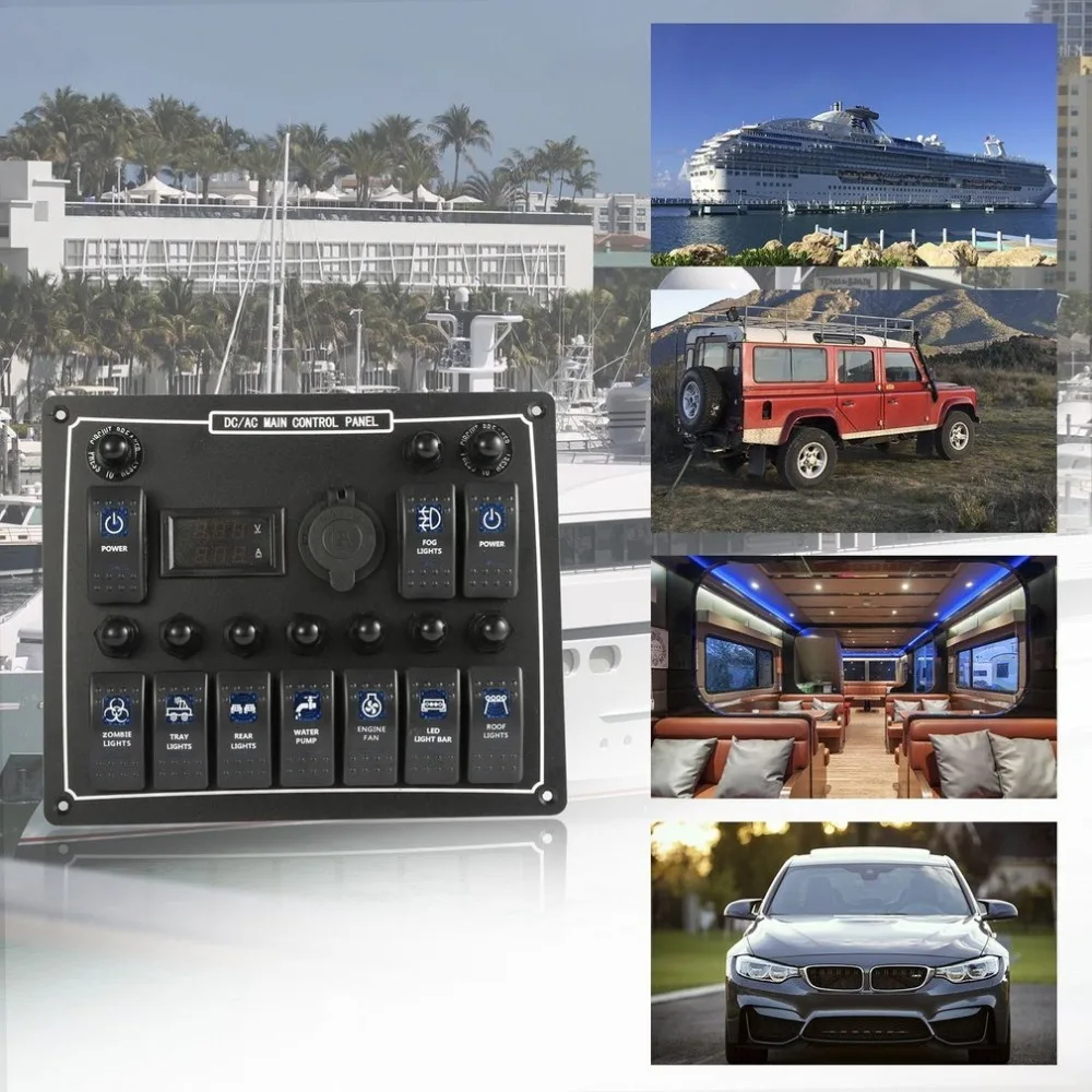 10 Gang Waterproof Car Auto Boat Marine LED AC/DC Rocker Switch Panel Dual Power Control Overload P