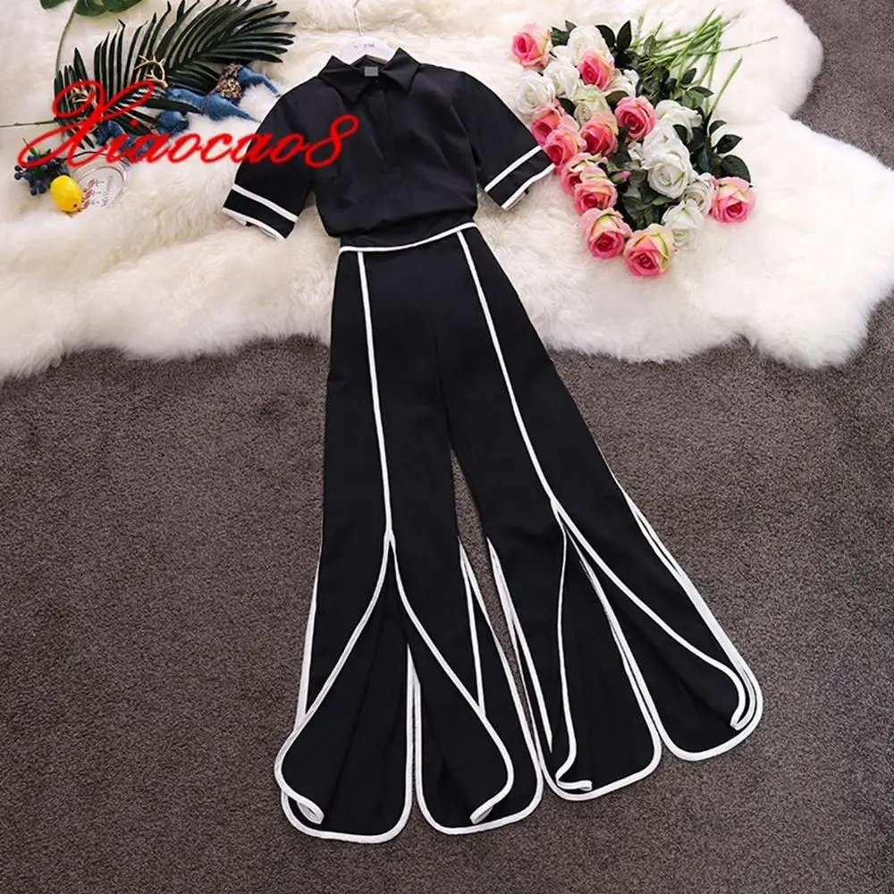 

Woman 2 pieces sets elegant office ladies black short sleeve shirts tops + high waist pacthwork wide leg pants women summer set