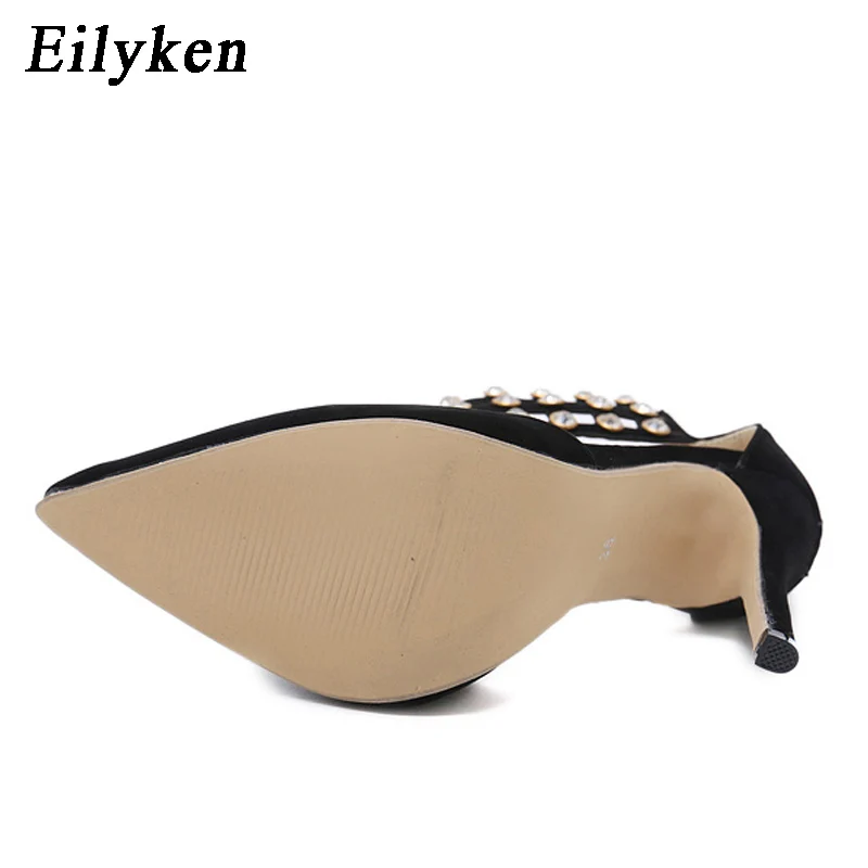 Eilyken Flock Crystal Gladiator Women Pumps Fashion Zipper Pointed Toe High Heels Lady Shoes Thin Heels Chaussure Femme Black