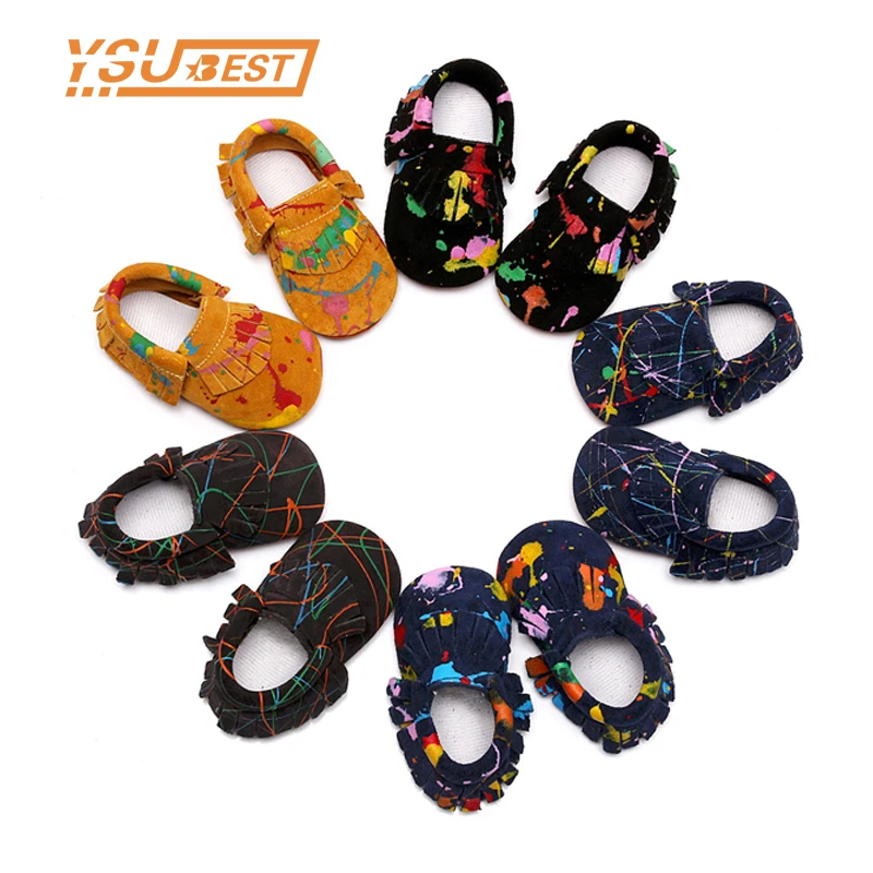 

2019 Baby Moccasins New Graffiti Tassel Suede Genuine Leather Newborn First Walkers Soft Sole Baby Infant Kids Moccasins Shoes