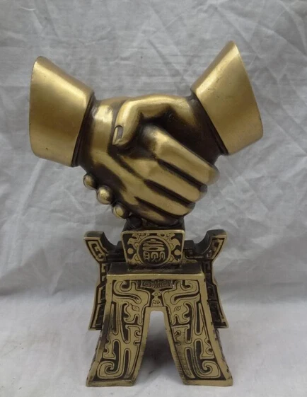 

bi002318 10 Chinese Bronze wi win Cooperate Success 2 Shake Hands Clasp Hand Statue
