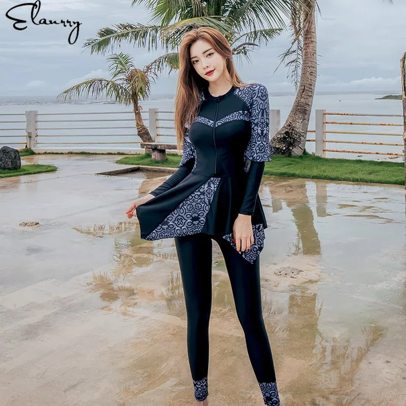 

2018 Female Surfing Suit Long Sleeves Print Bathing Suit 3 Pieces Padded Flouching Bodysuits Swimwear Beach Rashguards M-2XL
