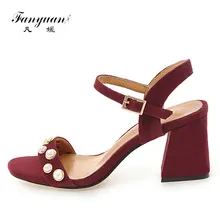 2017 Fanyuan Europe Sexy Thick Heel Pearl Sandals Women Peep Toe Sandals Woman Casual Shoes Faux Suede Buckle High Heels Sandals