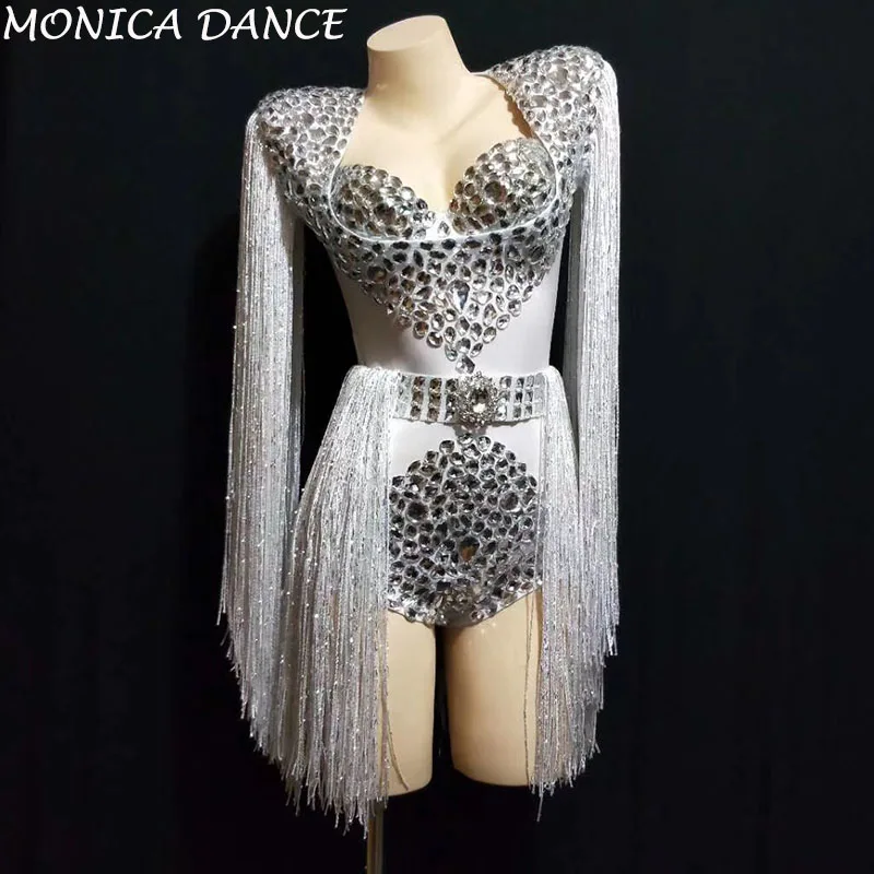 

Sexy White Blue Red Big Rhinestones Tassel Bodysuit Bra Women Birthday Celebrate Outfit DJ Women Singer Show Nightclub Costume
