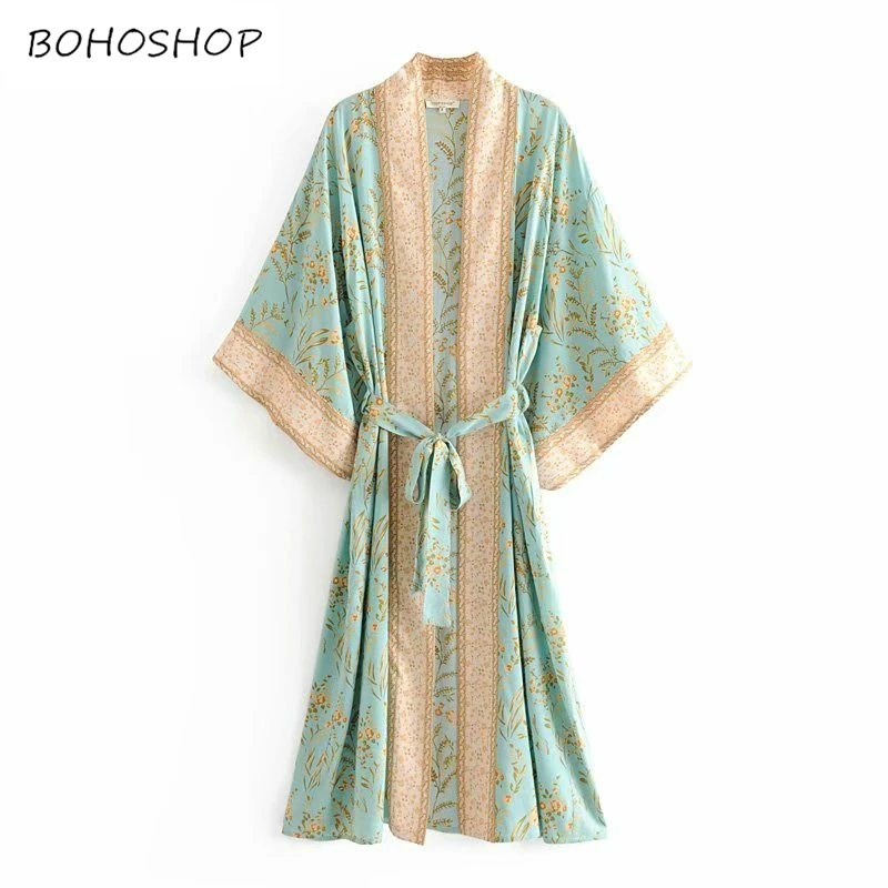 

Vintage chic women green floral print bat sleeve rayon beach Bohemian kimono Ladies V neck sashes Summer Boho dress vestidos